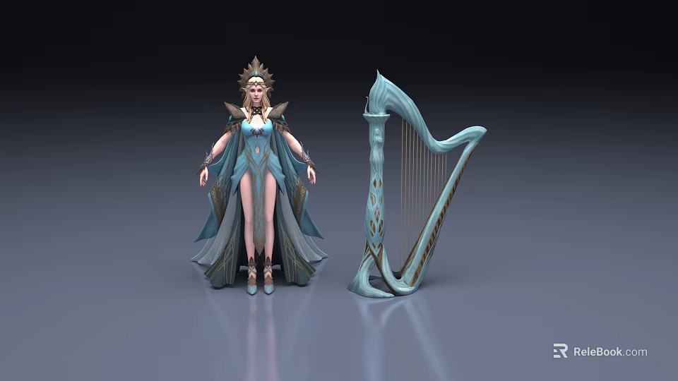 Elegant Woman in Blue Gown with Golden Headdress and Ornate Harp 3d model 