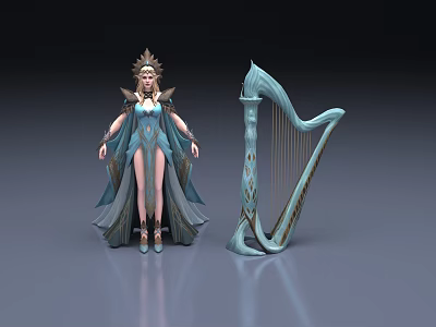 Elegant Woman in Blue Gown with Golden Headdress and Ornate Harp 3d model