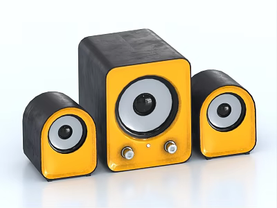 Modern Black And Yellow Speaker System With Subwoofer Satellite Speakers Circular Drivers And Control Knobs 3d model
