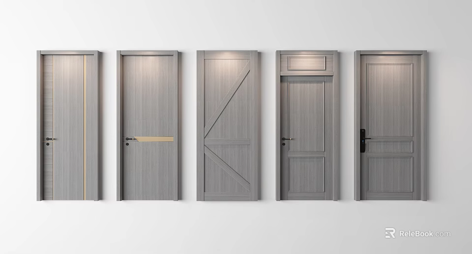 Modern Light Gray Wooden Hinged Doors With Various Panel Designs 3d model