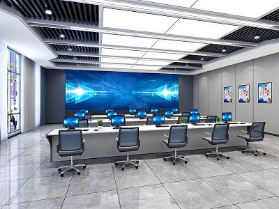 Modern Monitoring Room Interior With Large Display Screen Multiple Computers Office Desks And Chairs 3d model