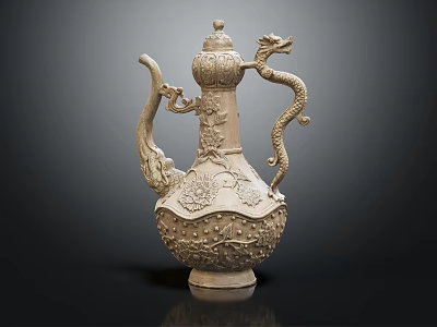 Traditional Style Ceramic Wine Bottle Featuring Intricate Dragon Carvings And Floral Patterns On Dark Background 3d model