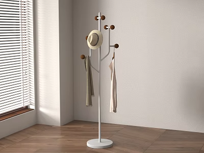White Metal Floor Standing Coat Rack With Hooks Hanging Hat And Clothes Near Window Blinds 3d model