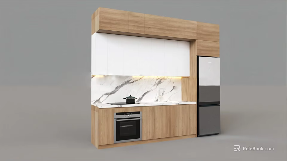 Modern Kitchen Cabinets with White Upper Wooden Lower Marble Countertop Oven and Refrigerator 3d model 