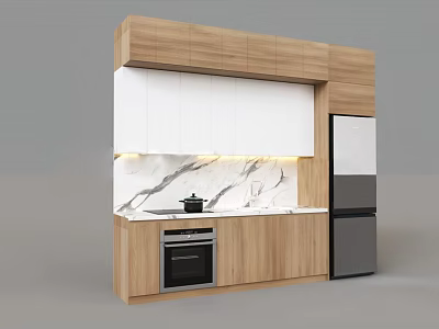 Modern Kitchen Cabinets with White Upper Wooden Lower Marble Countertop Oven and Refrigerator 3d model