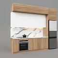 Modern Kitchen Cabinets with White Upper Wooden Lower Marble Countertop Oven and Refrigerator
