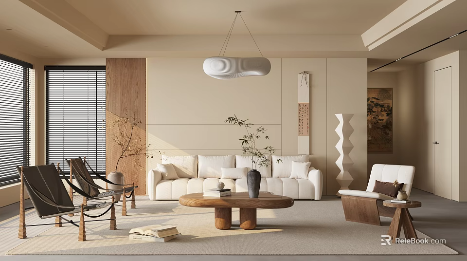 Modern Beige Living Room Interior With White Sofa Round Coffee Table And Pendant Light 3d model 