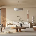 Modern Beige Living Room Interior With White Sofa Round Coffee Table And Pendant Light