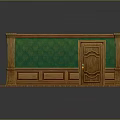 Interior Scene With Green Patterned Wall Wooden Trim Door And Wooden Floor