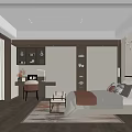 Modern Bedroom Interior With Built in Wardrobe Desk Bed Decorative Rug And Soft Lighting