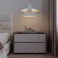 Modern Bedroom Nightstand With White Pendant Lamp High Heels And Books On Drawers Design