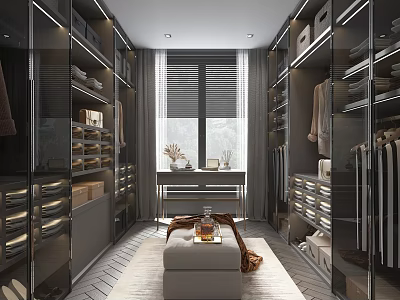 Spacious Modern Walk-in Closet Interior With Glass Door Cabinets Hanging Clothes And Central Bench 3d model