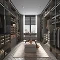 Spacious Modern Walk-in Closet Interior With Glass Door Cabinets Hanging Clothes And Central Bench