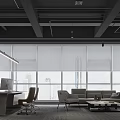 Modern Office Interior With Open Space High Ceiling Concrete Columns Large Windows Blinds And Furniture