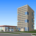 Modern Multi Storey Office Building With Stone Facade Large Windows And Red Roofed Entrance