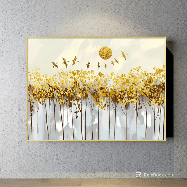 Abstract Painting With Golden Trees Flying Birds And Golden Sun On Light Background 3d model 