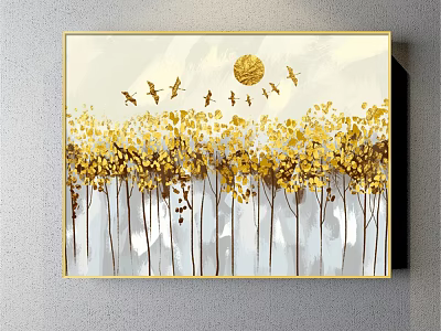 Abstract Painting With Golden Trees Flying Birds And Golden Sun On Light Background 3d model