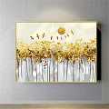 Abstract Painting With Golden Trees Flying Birds And Golden Sun On Light Background
