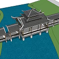 Chinese Style Landscape Bridge with Traditional Pavilion Multi Tiered Eaves Water Below and Green Surroundings