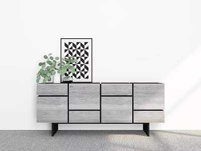 Modern Wooden Entryway Cabinet Sideboard With Gray Finish Black Legs Green Plant And Decorative Painting 3d model