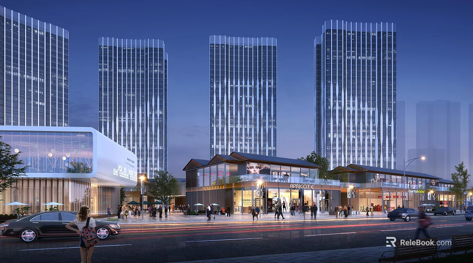 Vibrant Commercial Street With Modern High Rise Buildings And Pedestrian Activity At Night 3d model 
