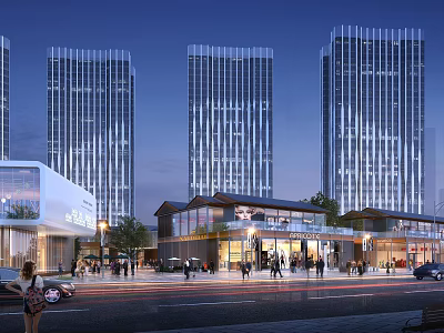 Vibrant Commercial Street With Modern High Rise Buildings And Pedestrian Activity At Night 3d model