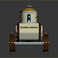 3D Rendered Steampunk Vehicle With Yellow Top White Body Brown Wheels Gold Accents Blue Light