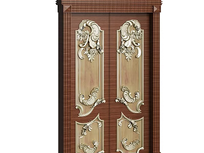Elegant Wooden Double Doors With Intricate Carvings Brown Frame And Classical Design 3d model