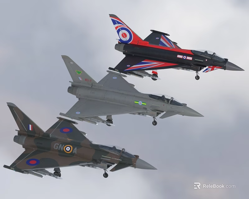 Three Fighter Jets With Unique Paint Schemes Flying In Sky 3d model 
