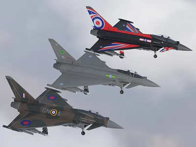 Three Fighter Jets With Unique Paint Schemes Flying In Sky 3d model