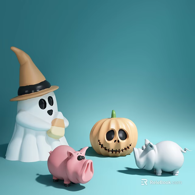 White Ghost Doll with Brown Hat Orange Pumpkin and Piggy Dolls on Light Blue Background 3d model 