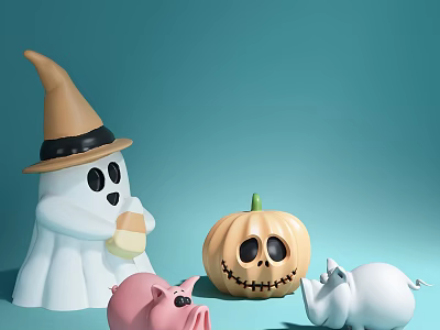 White Ghost Doll with Brown Hat Orange Pumpkin and Piggy Dolls on Light Blue Background 3d model