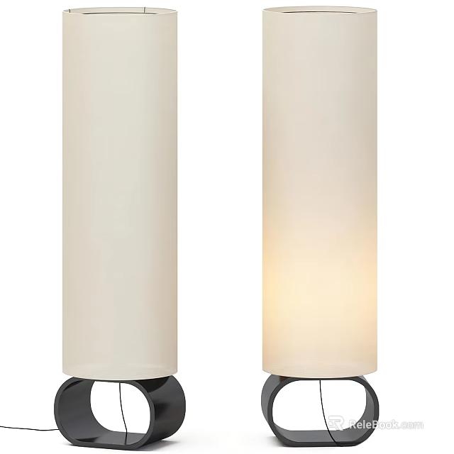 Two Modern Floor Lamps With White Lampshades And Black Bases One Lit 3d model 