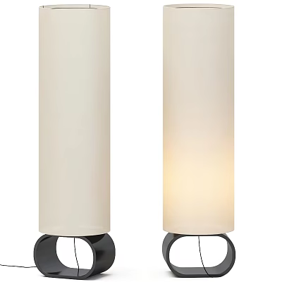 Two Modern Floor Lamps With White Lampshades And Black Bases One Lit 3d model