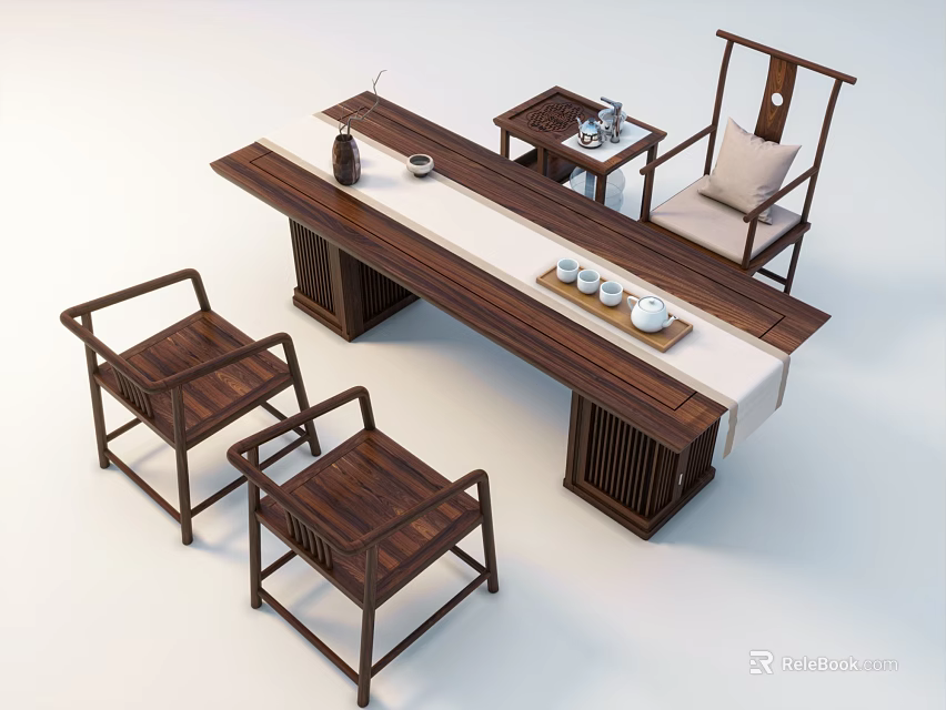 Chinese Style Solid Wood Tea Table with Armchairs and Tea Cups on Tray 3d model