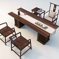 Chinese Style Solid Wood Tea Table with Armchairs and Tea Cups on Tray 3d model
