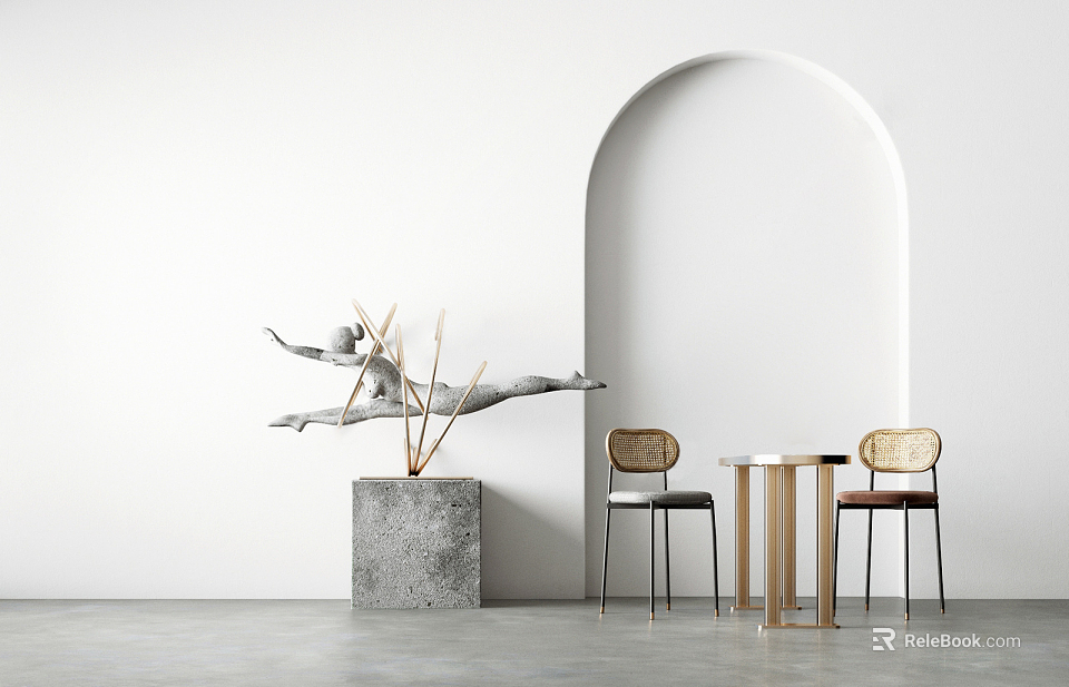 Stylish Table and Chair Set with White Wall Arched Doorway Gray Concrete Sculpture Base 3d model 