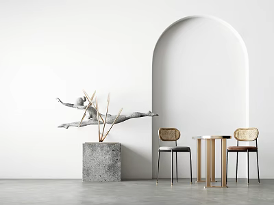 Stylish Table and Chair Set with White Wall Arched Doorway Gray Concrete Sculpture Base 3d model