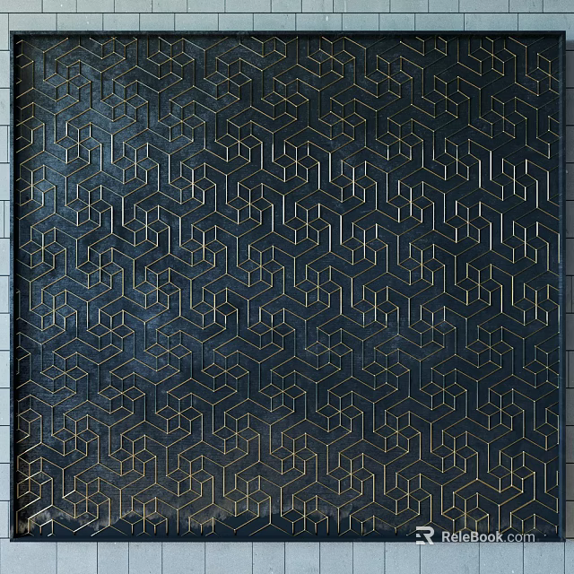 Dark Background Wall with Golden Geometric Hexagon Patterns and Decorative Design 3d model 