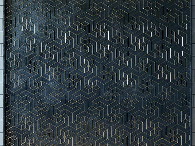Dark Background Wall with Golden Geometric Hexagon Patterns and Decorative Design 3d model