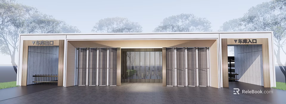 Modern Entrance Gate Design With Glass Panels And Metal Frames Surrounded By Trees 3d model 