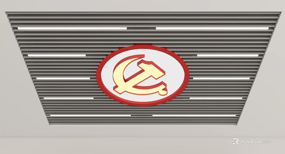 Striped Ceiling Design Featuring Red Circular Emblem With Gold Central Symbol 3d model