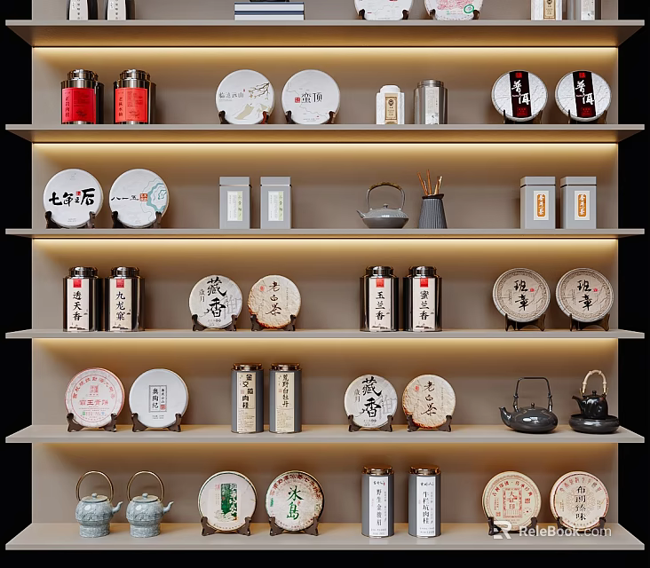 Traditional Tea Ware Neatly Arranged On Shelves With Teapots Trays And Caddies 3d model 