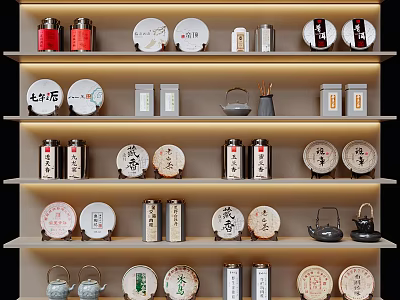 Traditional Tea Ware Neatly Arranged On Shelves With Teapots Trays And Caddies 3d model