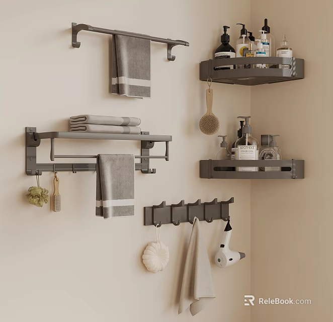 Practical Wall Mounted Bathroom Accessories Including Towel Rack Shelves Towels Toiletries And Hair Dryer 3d model 