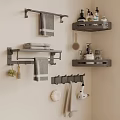 Practical Wall Mounted Bathroom Accessories Including Towel Rack Shelves Towels Toiletries And Hair Dryer