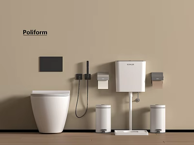 Poliform Modern Bathroom White Toilet With Wall Mounted Tank And Black Control Panel Accessories 3d model