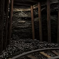 Mine Tunnel Roadway Infrastructure With Wooden Supports And Gravel Covered Rail Tracks
