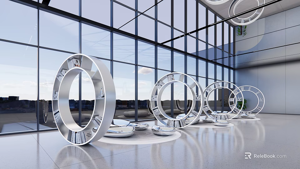 Modern Lounge Area With Large Glass Windows Circular Ring Seats Smooth Floor And Pendant Lights 3d model 