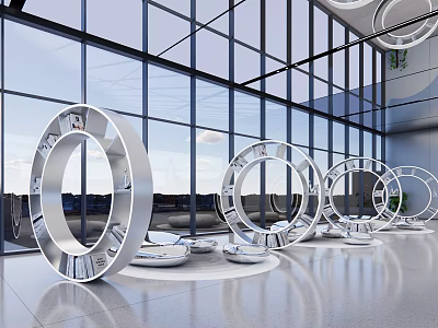 Modern Lounge Area With Large Glass Windows Circular Ring Seats Smooth Floor And Pendant Lights 3d model